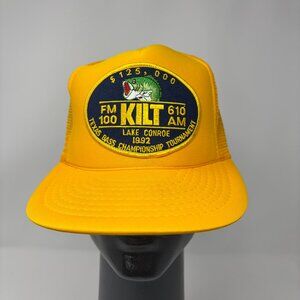 Vtg 1992 Lake Conroe Bass Tournament Trucker Fishing Yellow Snapback Mesh Hat